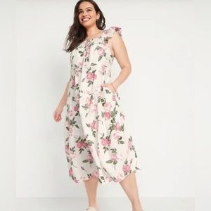 Old Navy Cream Flutter Sleeve Tiered Dress with Pink Roses 2X